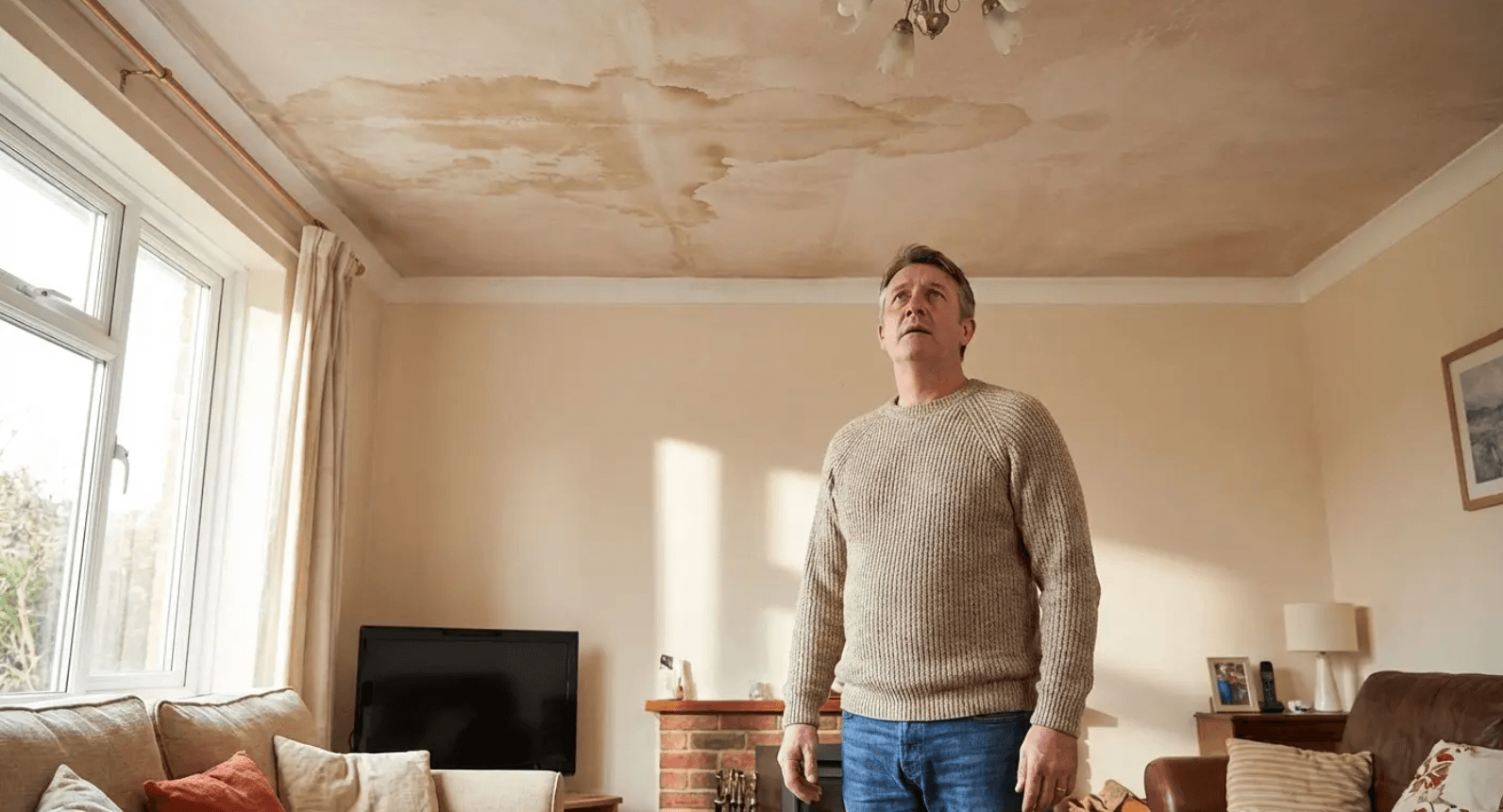 A homeowner inspecting ceiling water damage from a roof leak while deciding between roof repair vs r