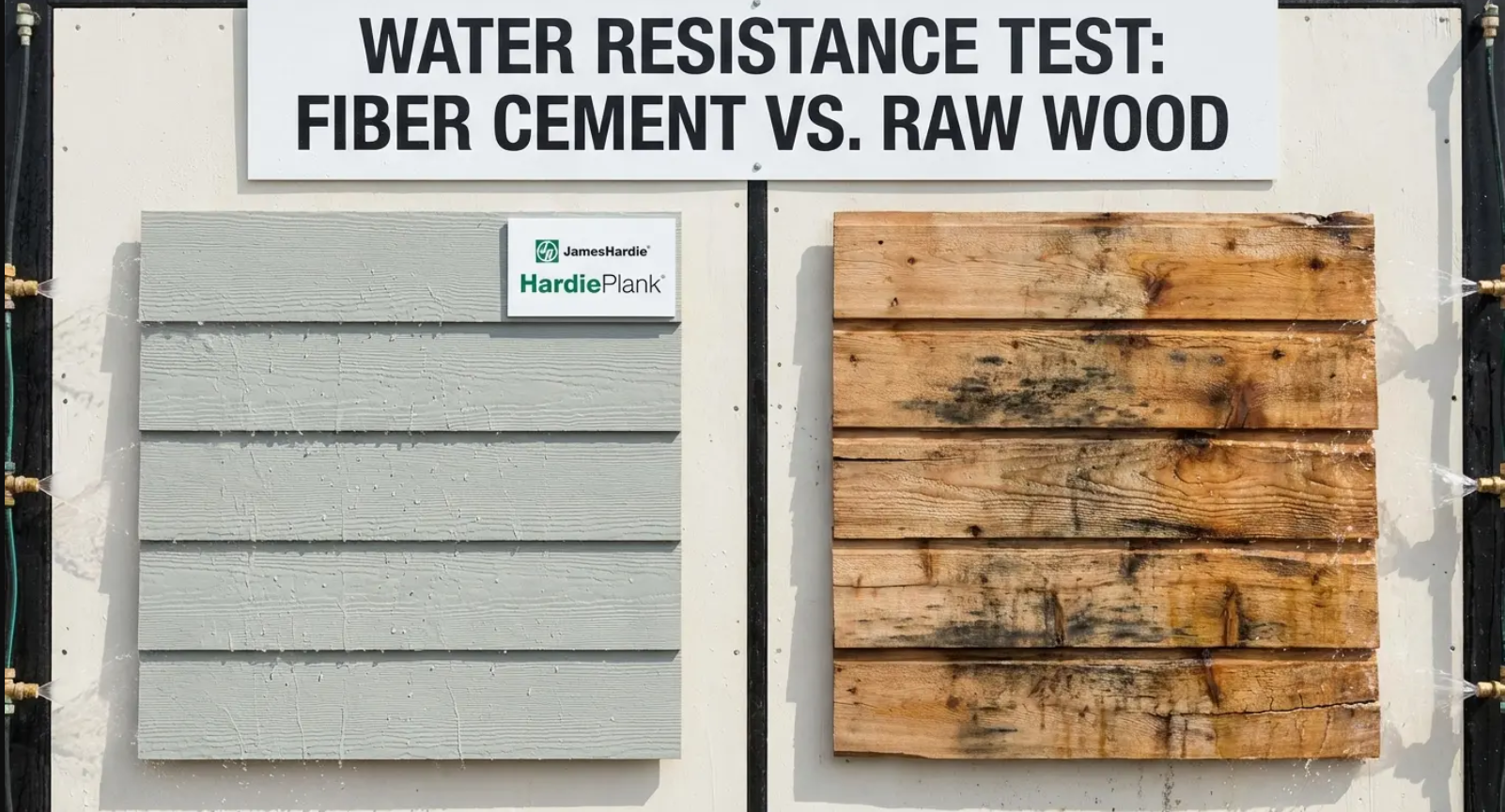 Fiber cement siding versus wood siding shown under water exposure to highlight durability differences.