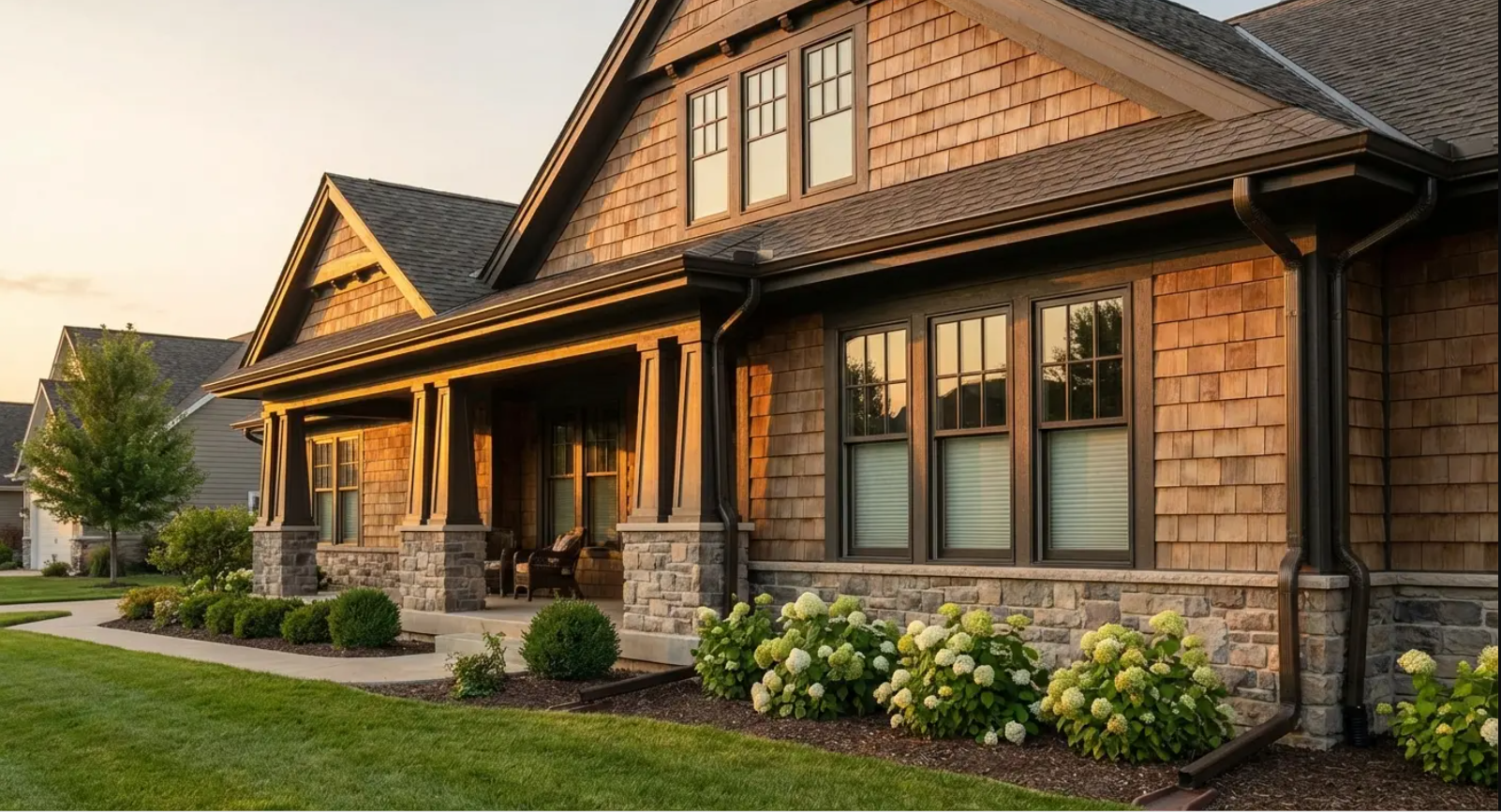 A two-story house with brown shingle siding, a porch, and a stone facade. Lush greenery surrounds the house.