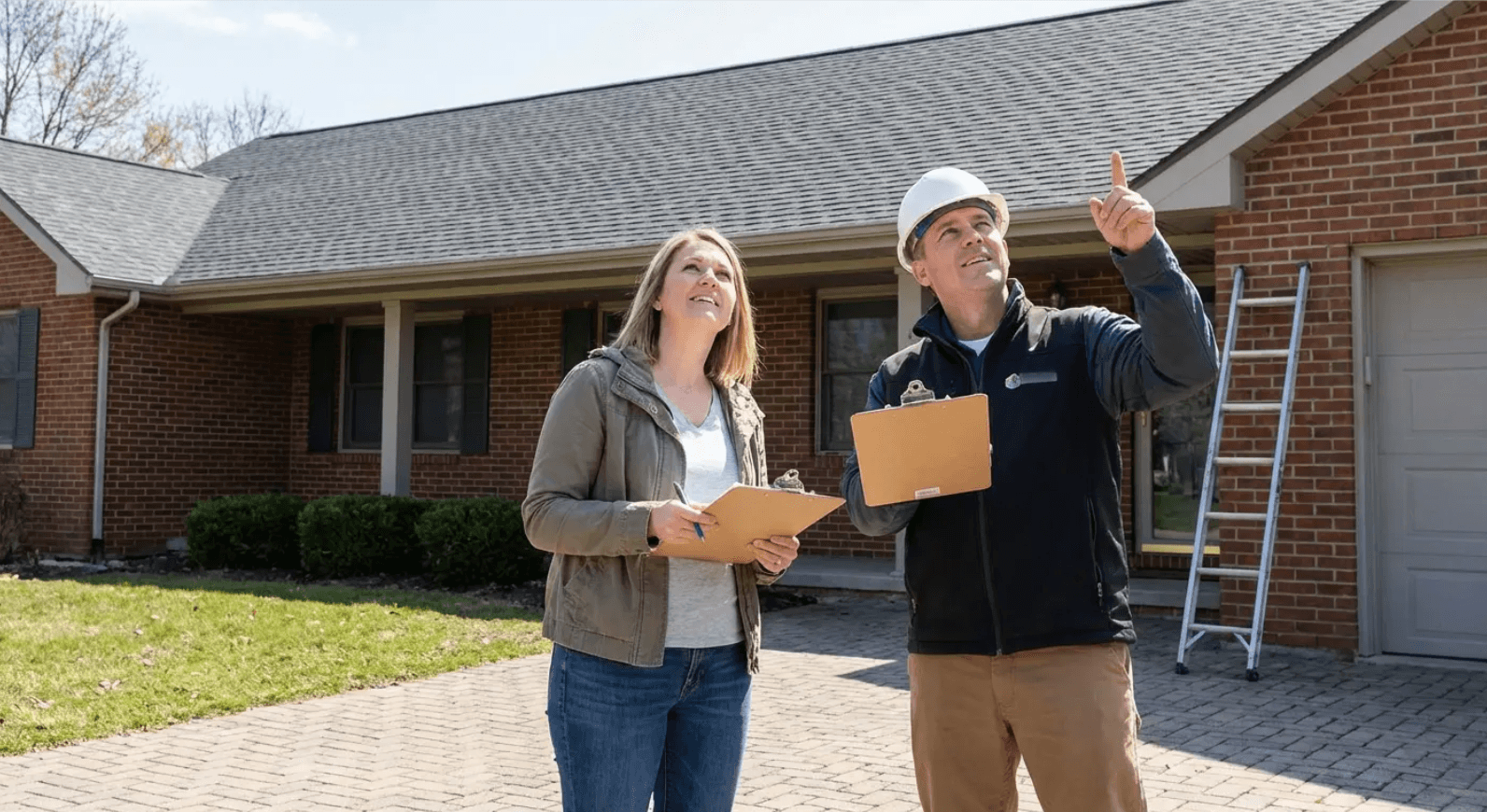 Roofing contractor pointing out shingle wear to a homeowner during an honest pre-replacement inspection