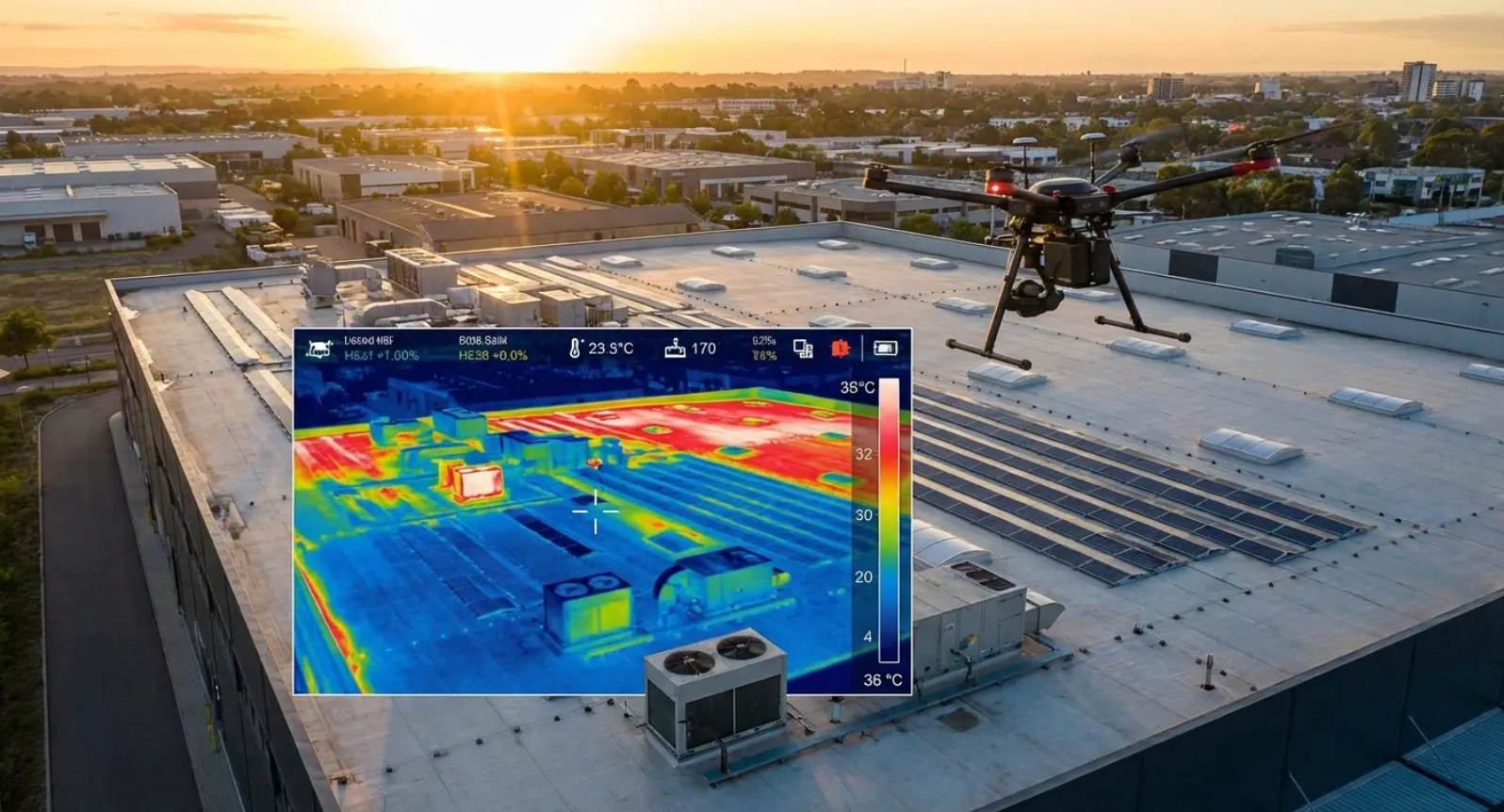 Drone with thermal imaging camera inspecting a commercial building roof at sunset. The thermal image shows heat signatures.