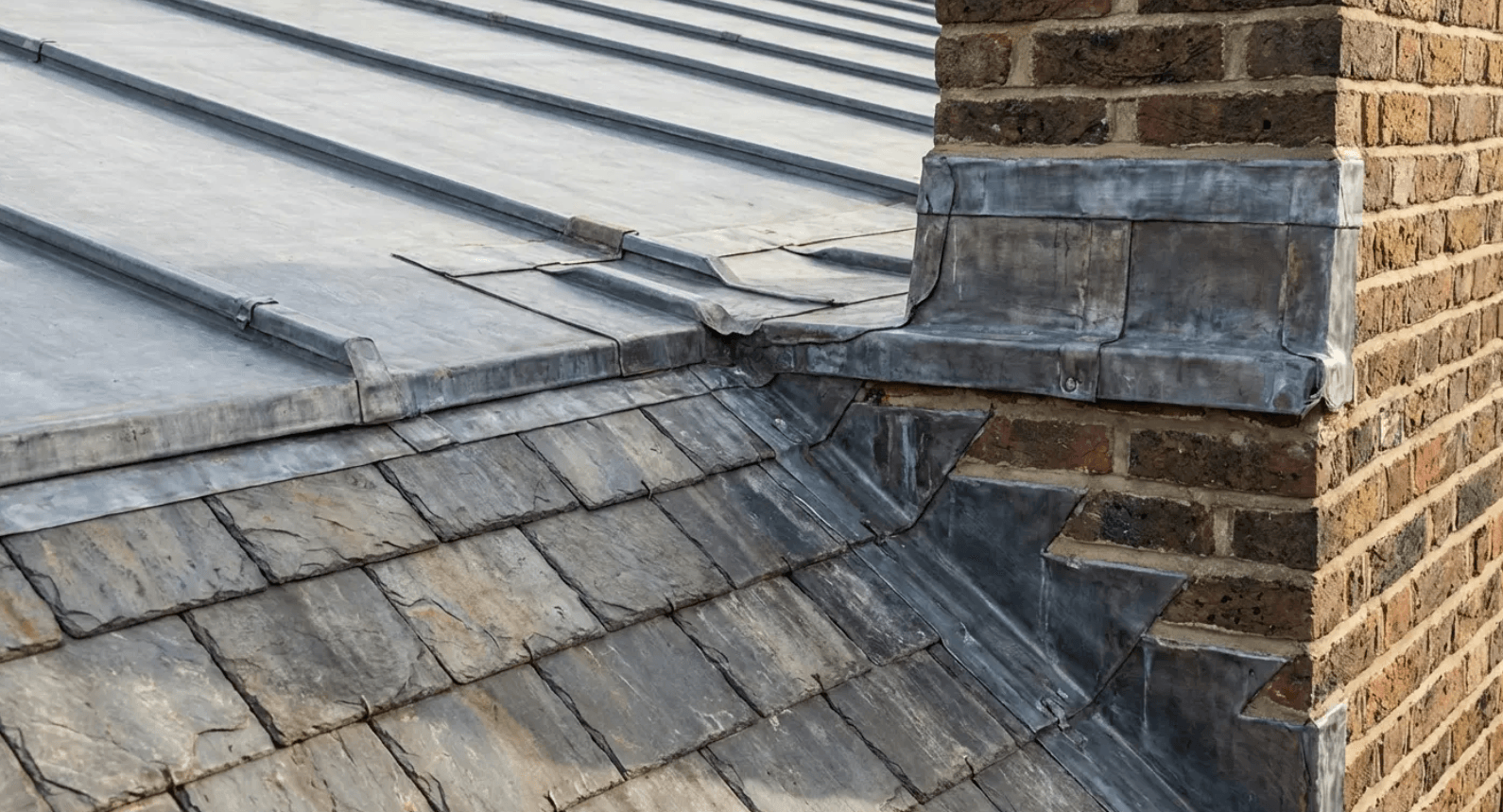 Roof flashing detail at the transition between steep lower slope and upper roof section on a mansard