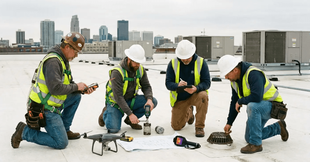Roofing professionals inspecting flat roof drainage and structure to estimate accurate flat roof replacement cost