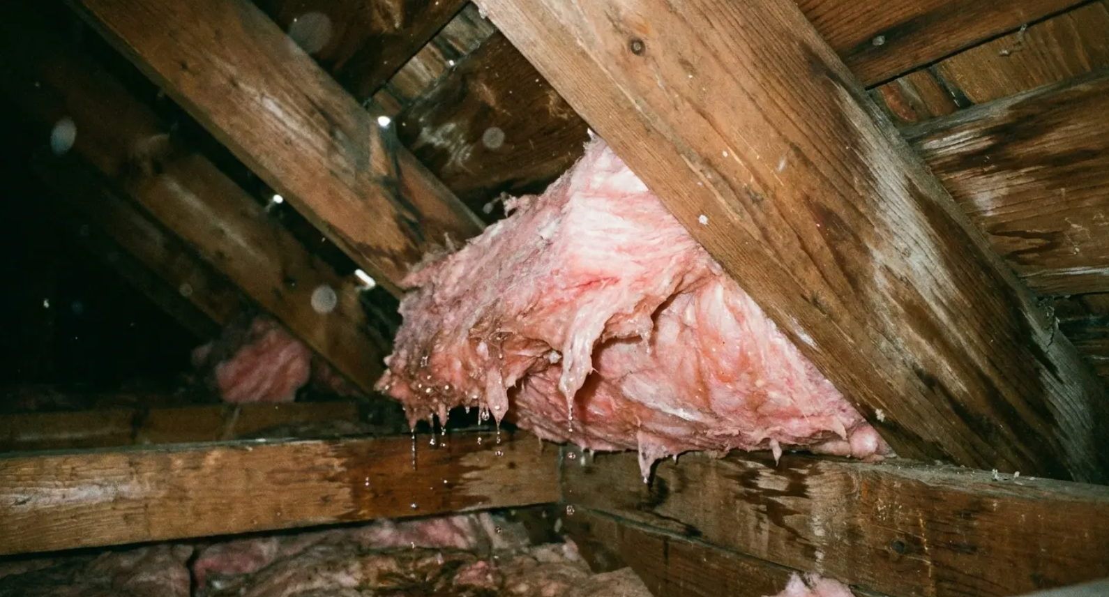 Cross-section of a roof showing water entry, flow, and damaged insulation due to a leak.