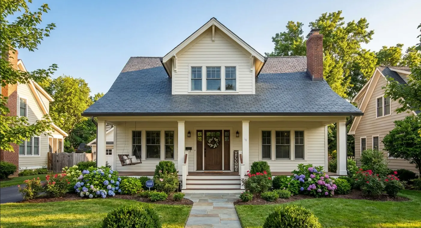 White two-story house with a porch, blue roof, brick chimney, and lush landscaping.