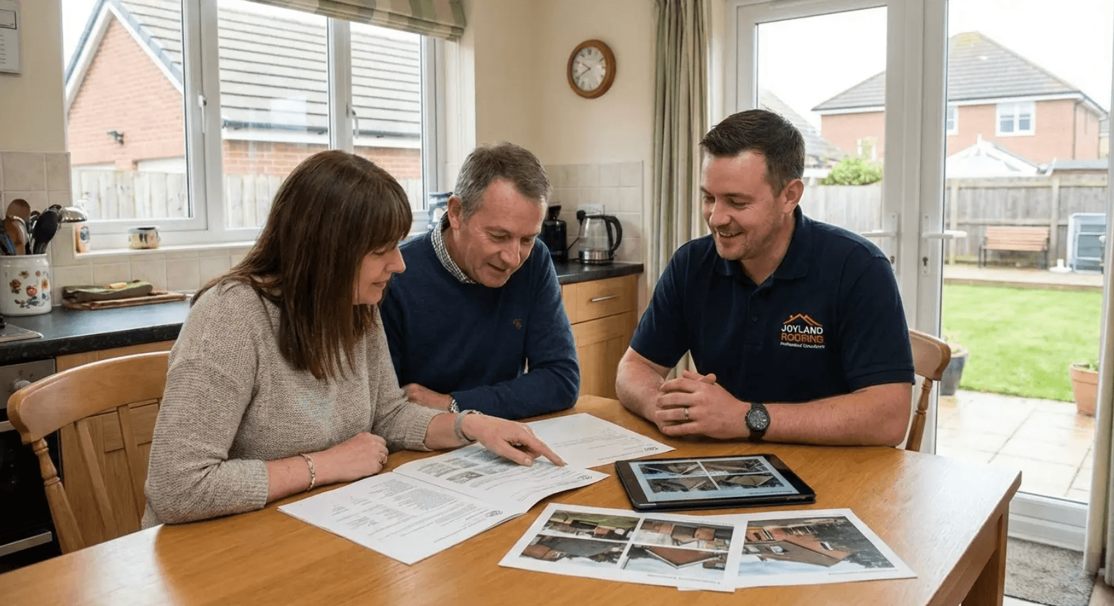 Joyland Roofing contractor walking homeowners through a line-by-line repair estimate at their kitchen table