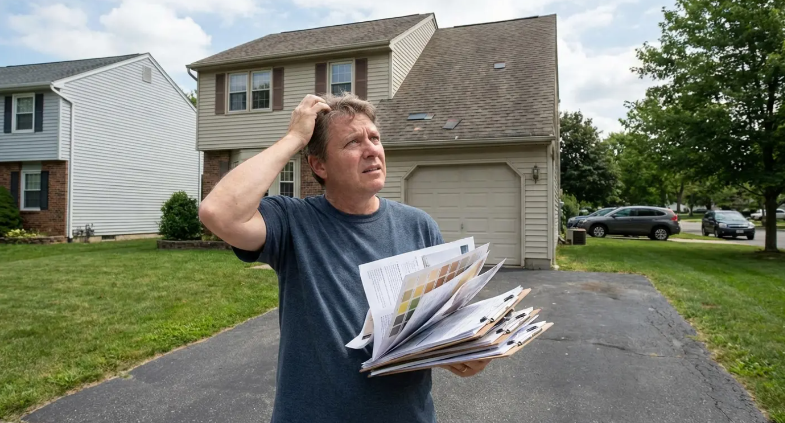 Homeowner choosing roofing materials for durability and climate.
