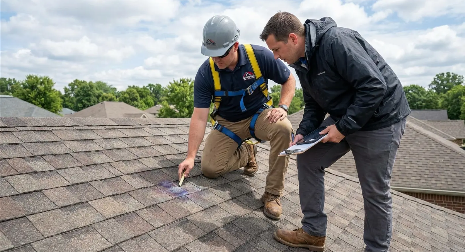 Our team reviews roof damage with an insurance adjuster to ensure fair claims for church roofing projects.