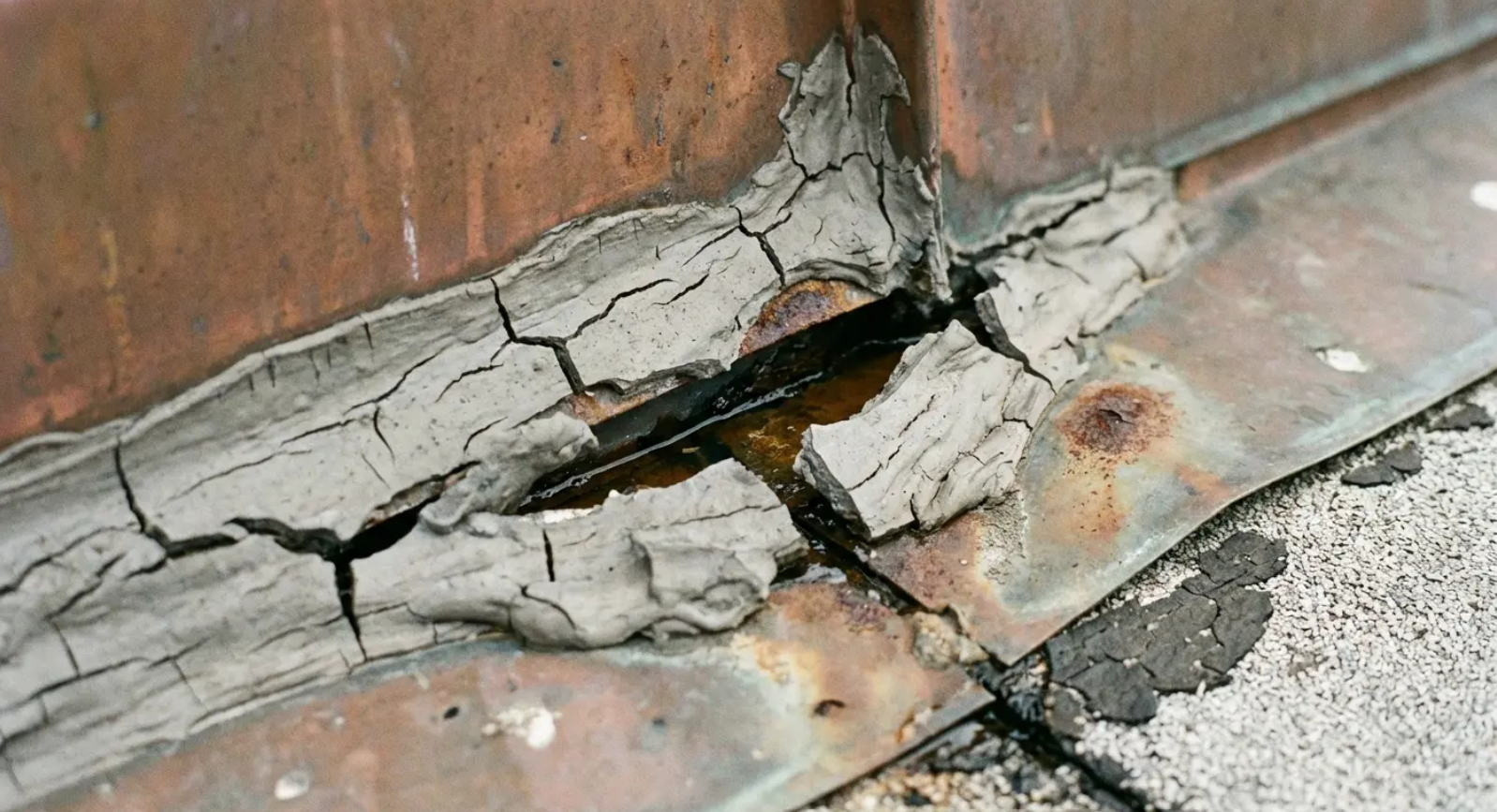 Cracked, crumbling sealant around copper flashing on a roof, with visible water damage.