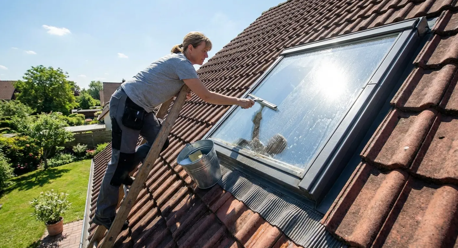 Woman on ladder cleaning a skylight on a red-tiled roof on a sunny day.