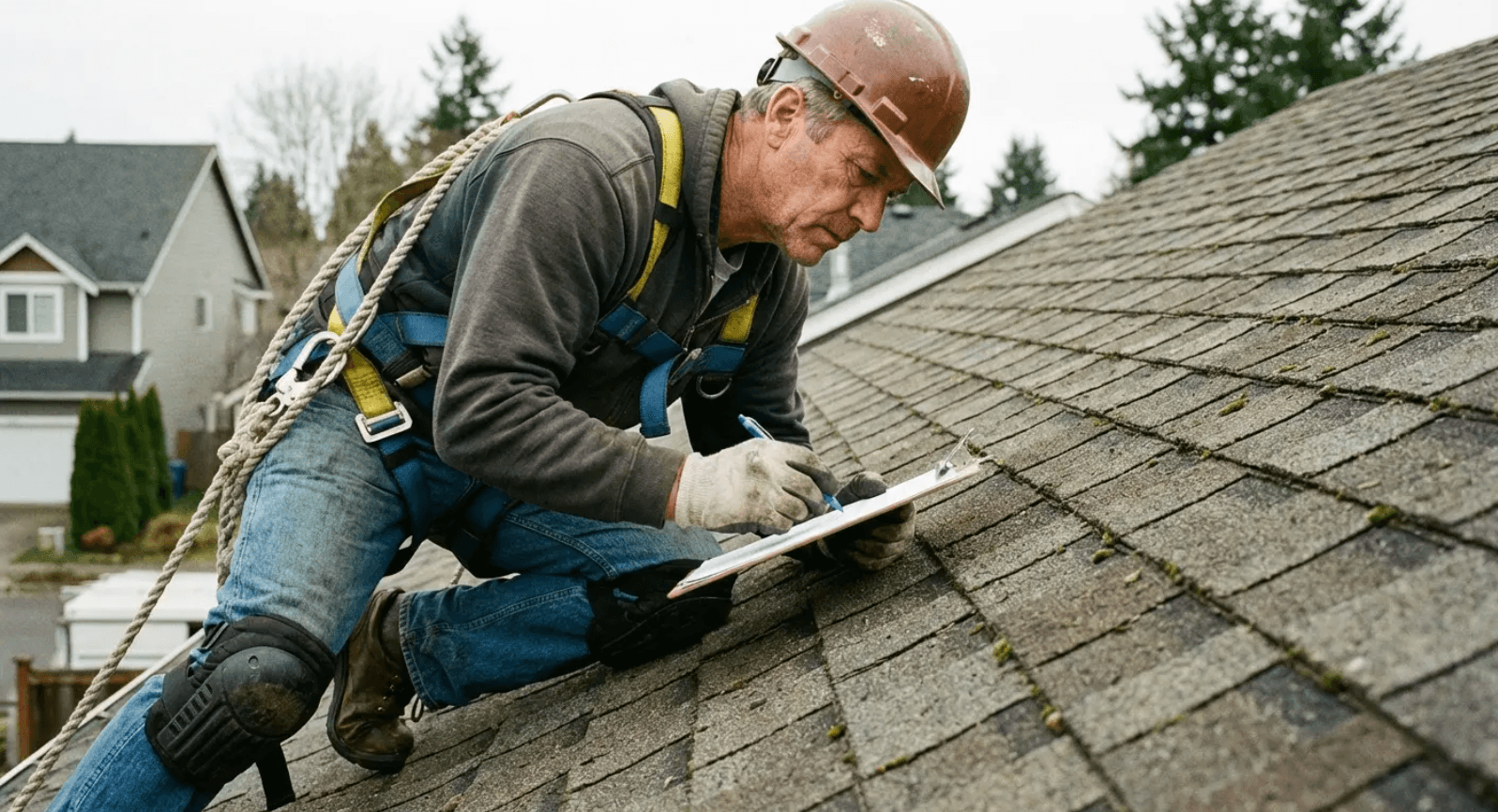 Roof inspector examining asphalt shingles to help determine, “What type of roof do I have?”
