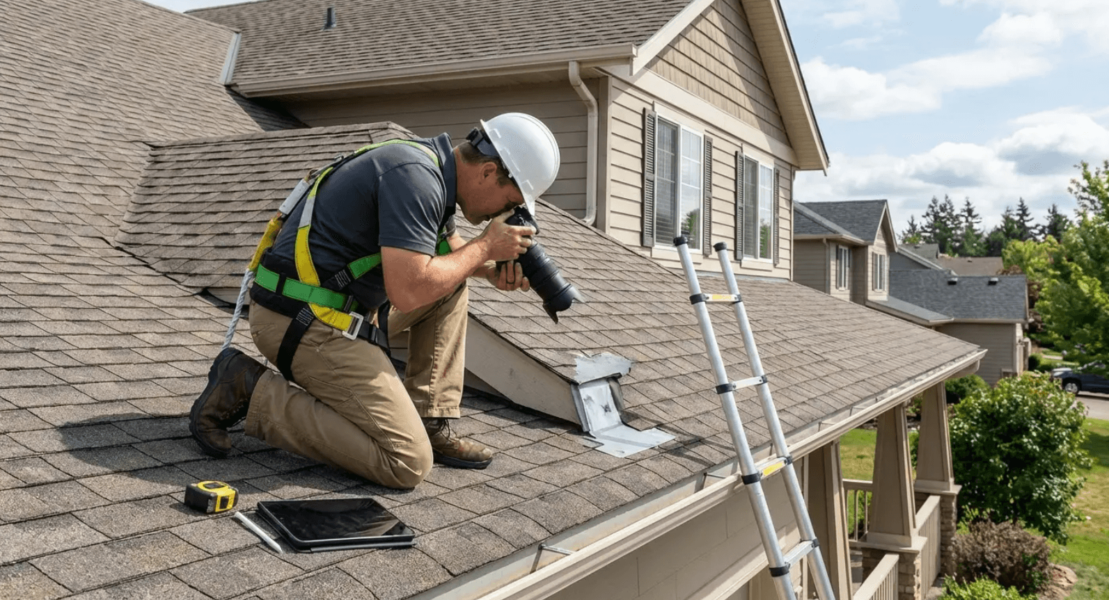 Roofing inspector photographing granule loss at a valley - the difference between a sales inspection and one that actually extends roof residential longevity