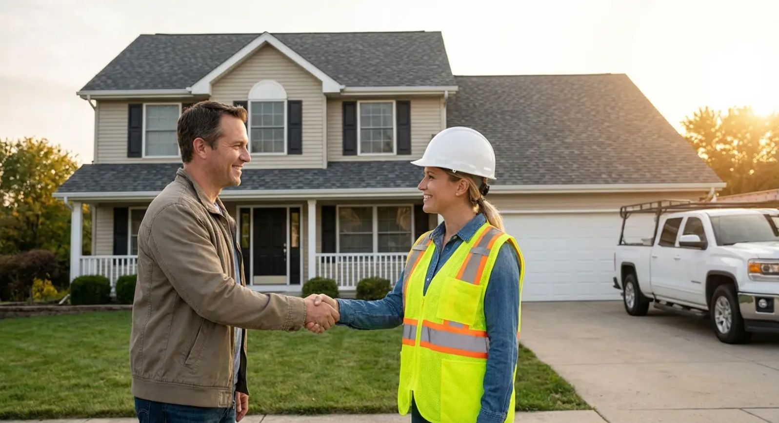 Man shaking hands with woman in hard hat and safety vest in front of a house.