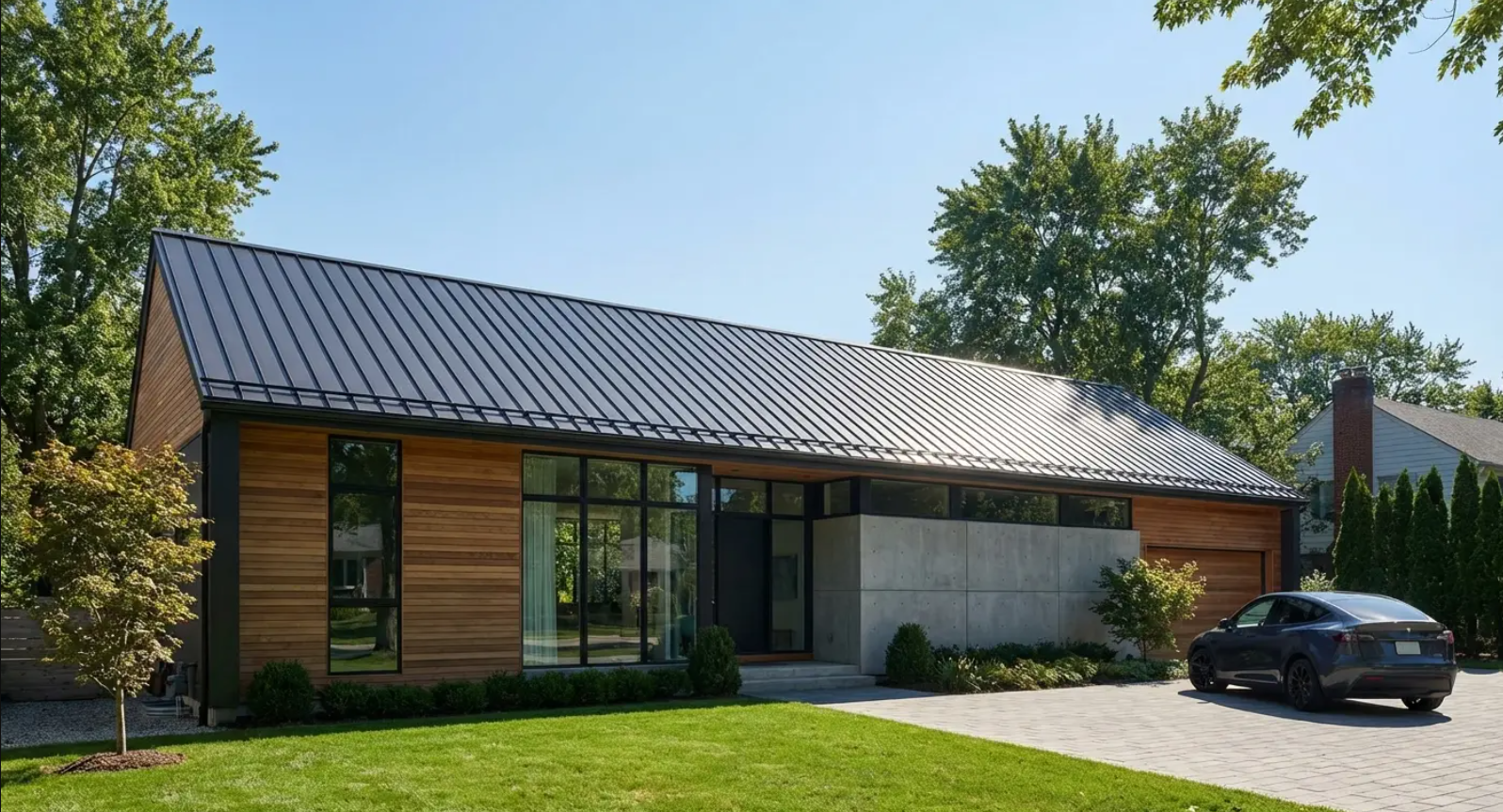 Close-up of a metal roof with triangular, sawtooth-shaped vents along the edge.