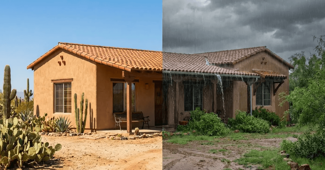 Example showing how climate impacts roof overhang design, comparing dry conditions and heavy rainfall exposure
