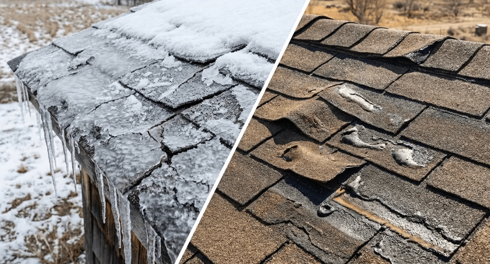 Ice-damaged eave and wind-lifted shingles side by side - two weather scenarios that drive up material waste and roofing repair costs