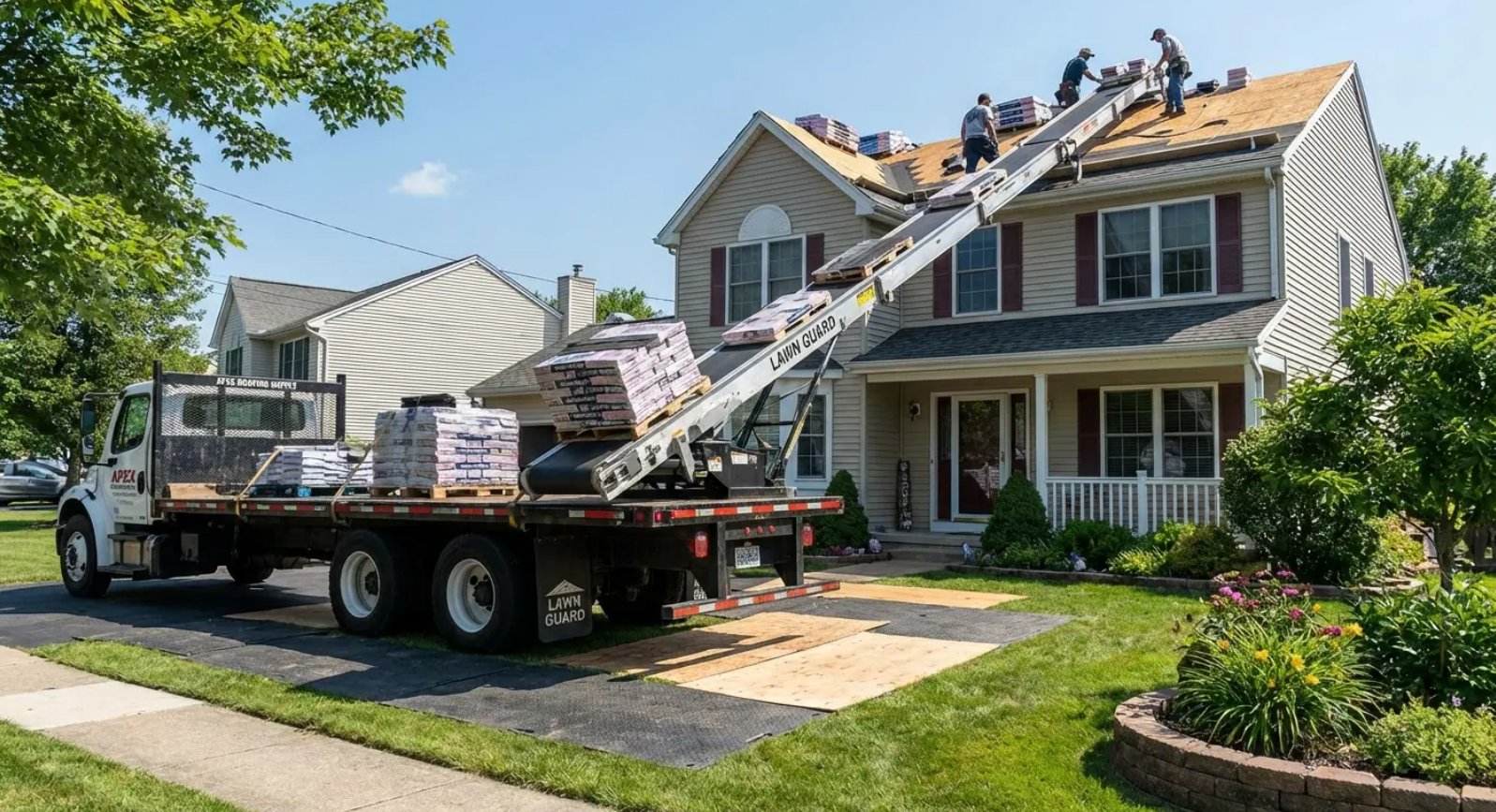 Roofers replacing shingles on a two-story house, using a truck-mounted conveyor to deliver materials.