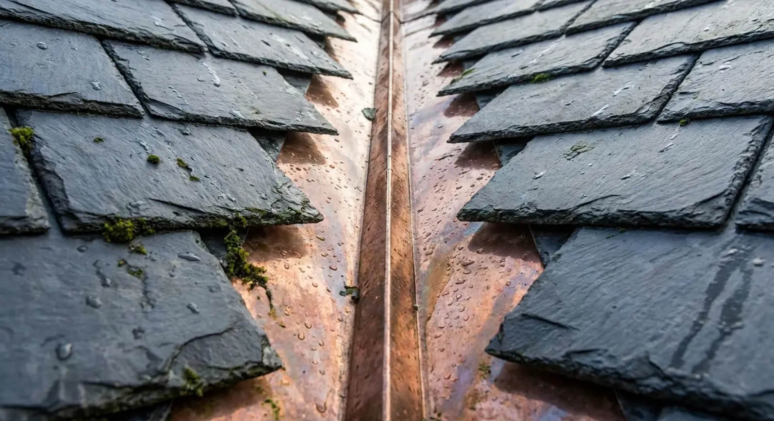 Slate roof tiles bordering a copper valley gutter, with moss visible.