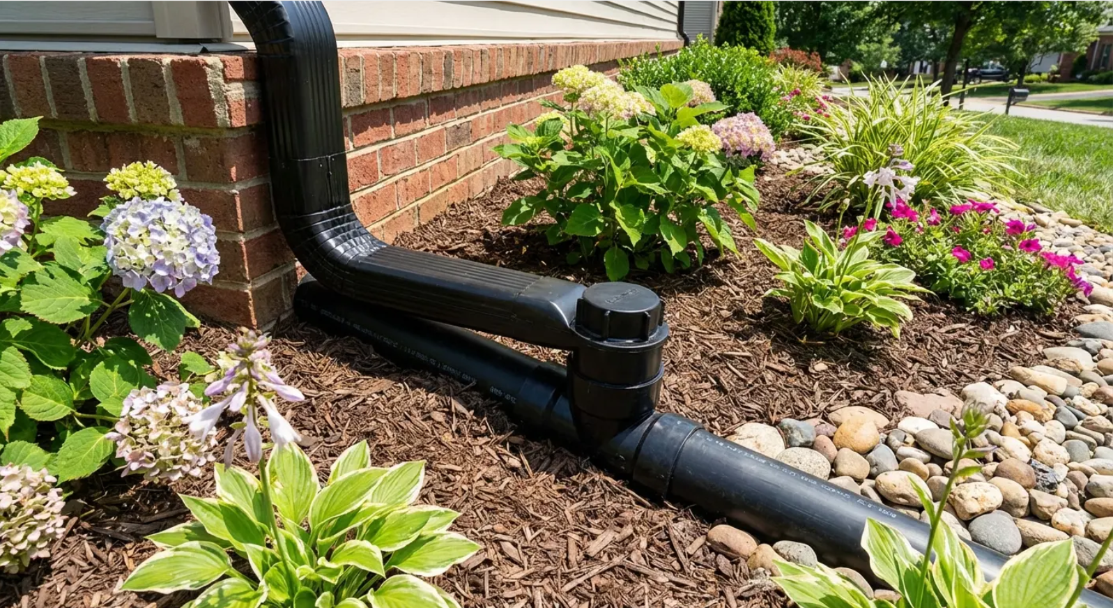 Black downspout and buried drainpipe in a garden bed with mulch, plants, and rocks.