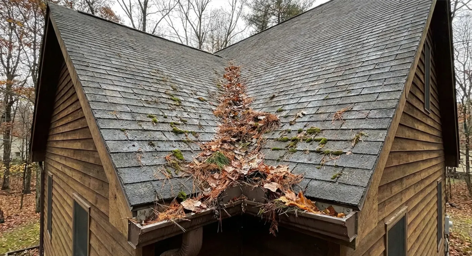Brown house with a roof covered in leaves, with a gutter overflowing with debris.