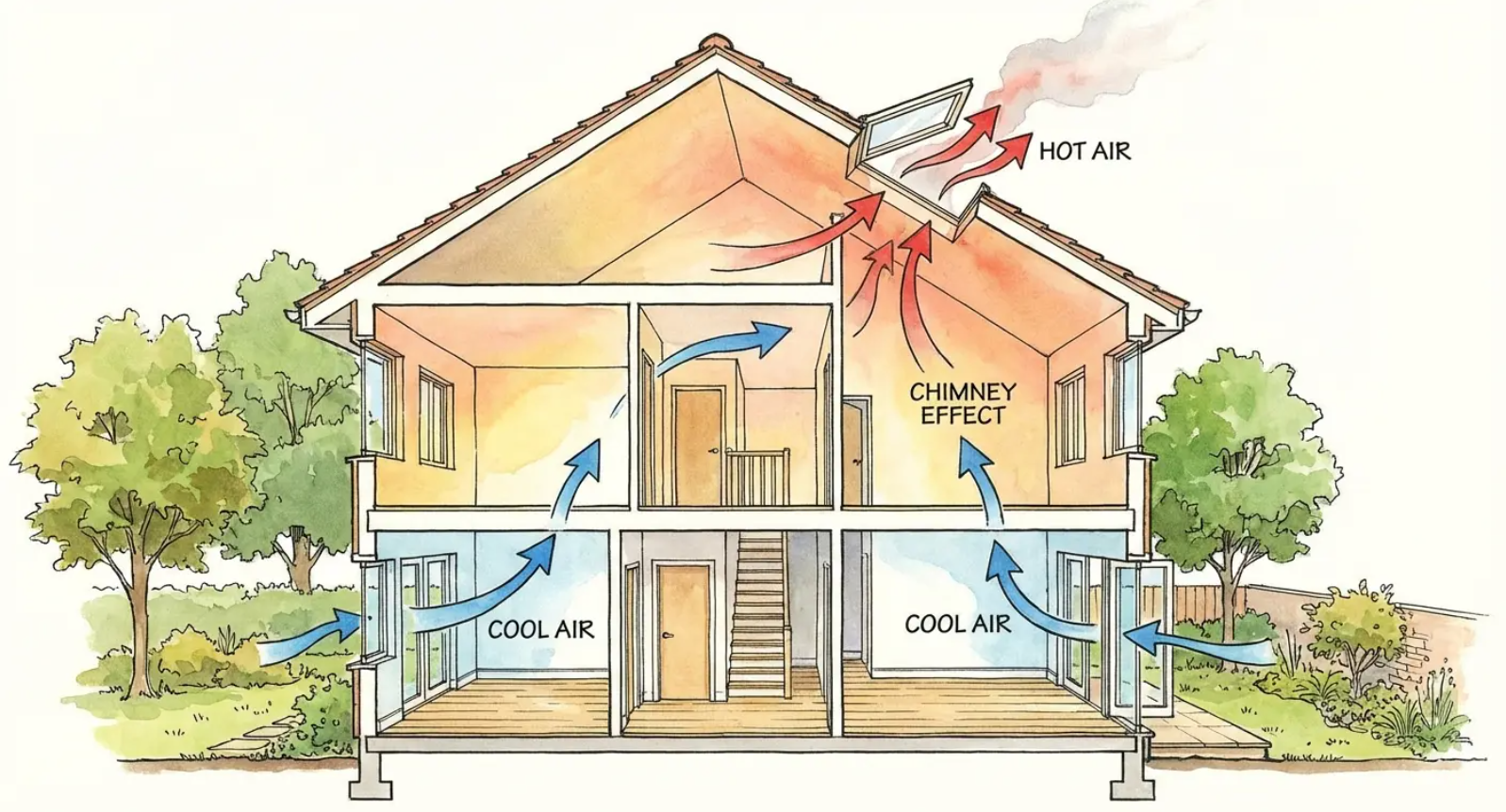 Cross-section of a house showing natural ventilation. Warm air rises and exits through the roof while cool air enters.