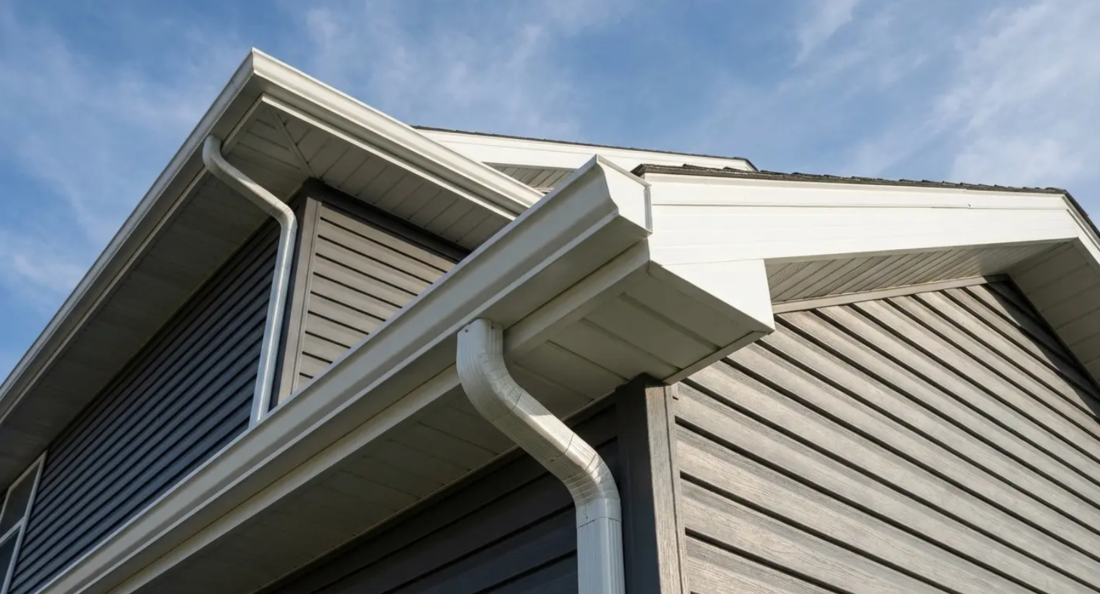 White gutters on a gray-sided house against a blue sky.
