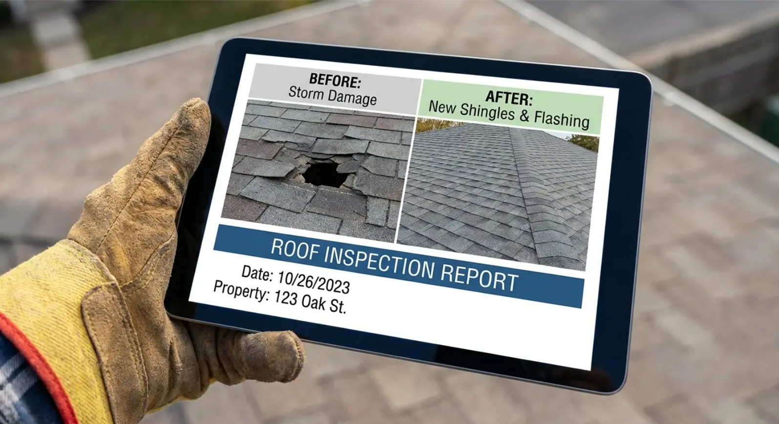 A person wearing gloves holding a tablet displaying a roof inspection report with before and after images of roof damage.
