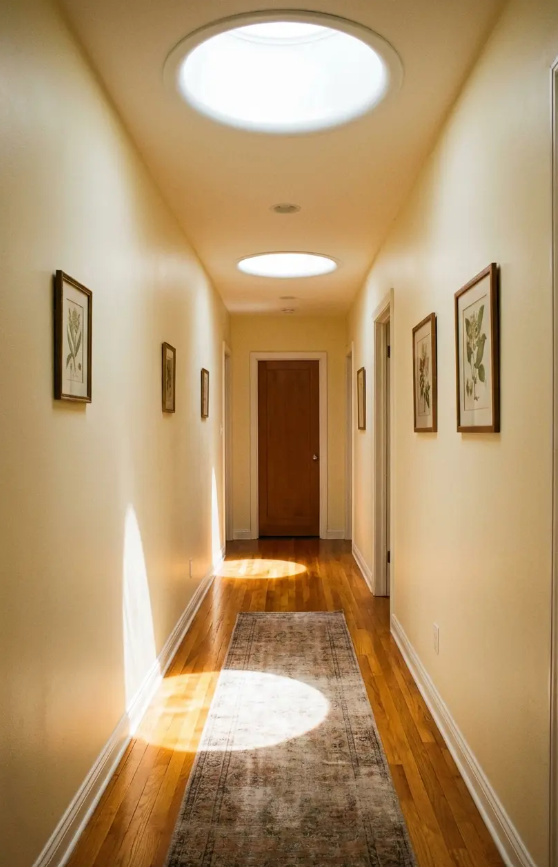 Hallway with three circular skylights, wooden floor, beige walls, and framed artwork.