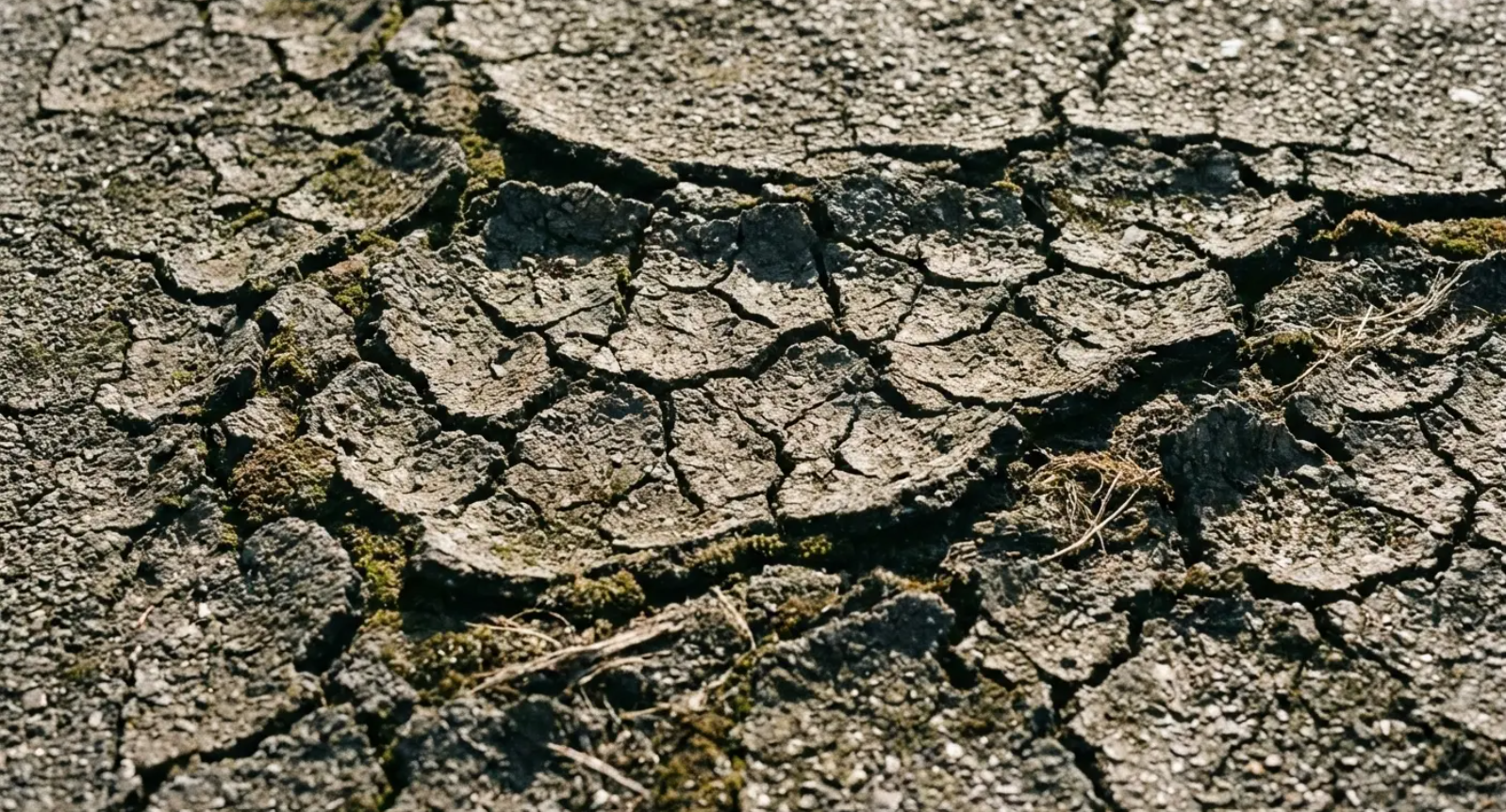 Cracked, dry earth with deep fissures, some patches of green moss visible.