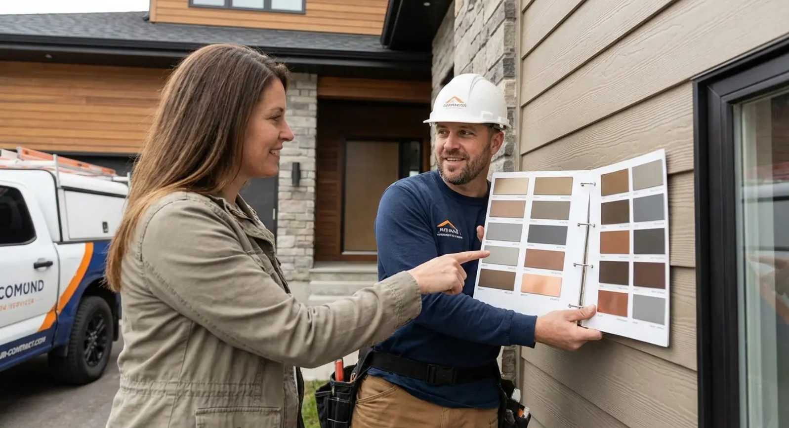Woman and contractor discussing siding colors, outside a house.