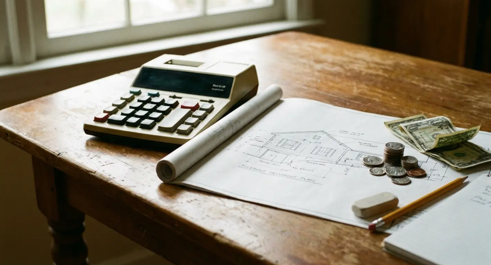 A table with a calculator, blueprints, money, pencil, and eraser near a window.