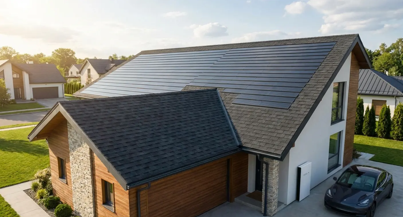 Modern house with solar panels on roof, car parked in driveway.