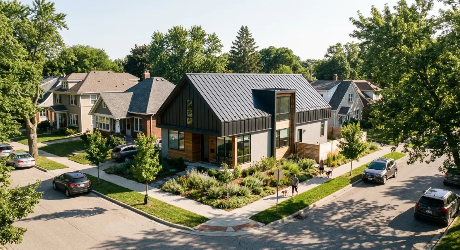 Copper metal roof, text overlay: 