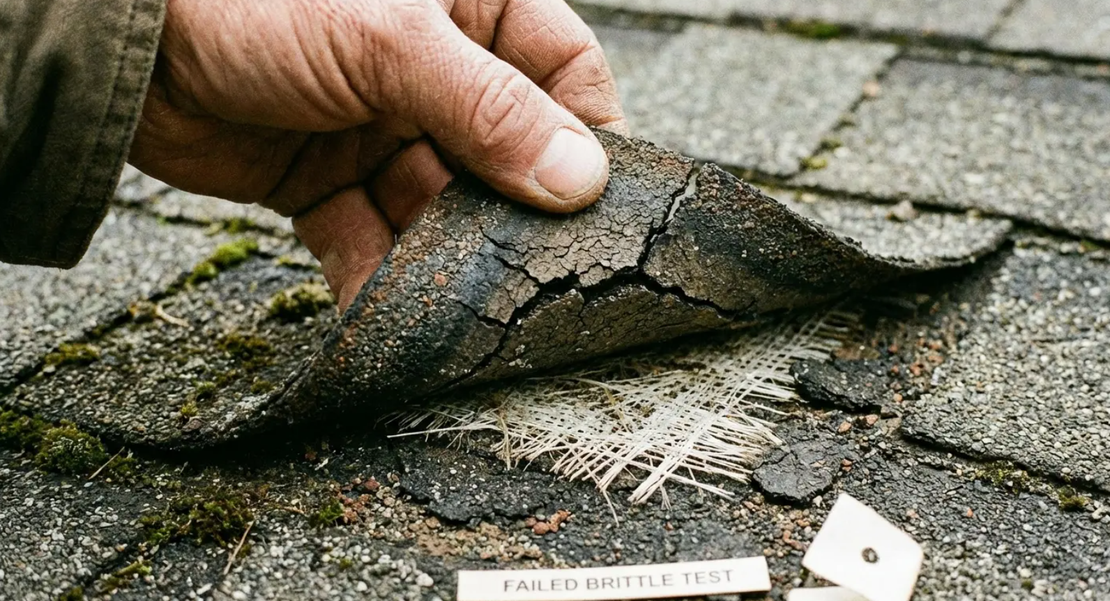 Hand holding a cracked, peeling asphalt shingle on a roof, revealing underlying fibers.