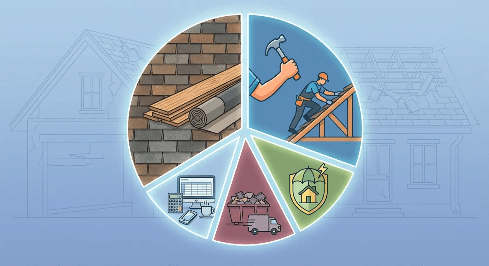 Pie chart breaking down where roofing repair costs actually go - materials, labor, insurance, disposal, and profit