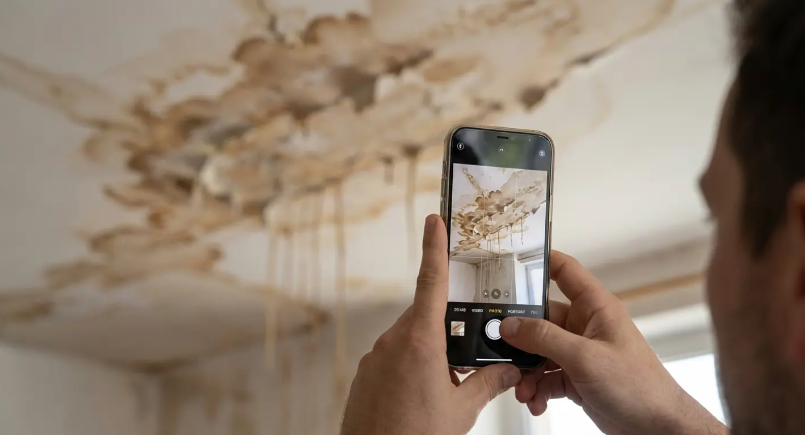 Homeowner documenting interior ceiling damage during an emergency roof leak to record evidence for repairs.