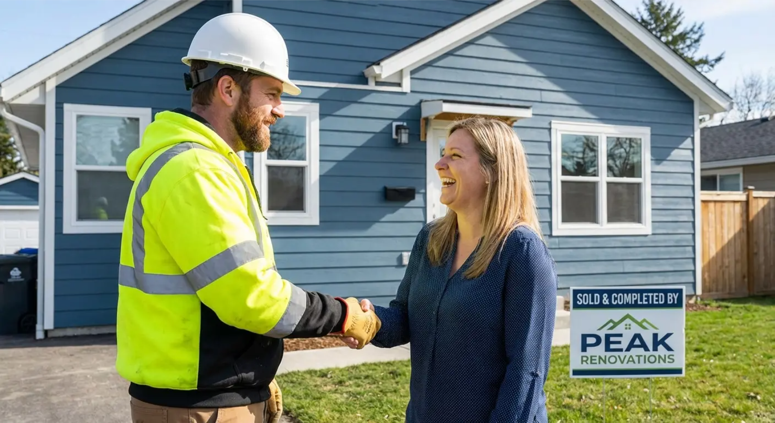 Construction worker in high-vis vest shaking hands with homeowner in front of blue house.