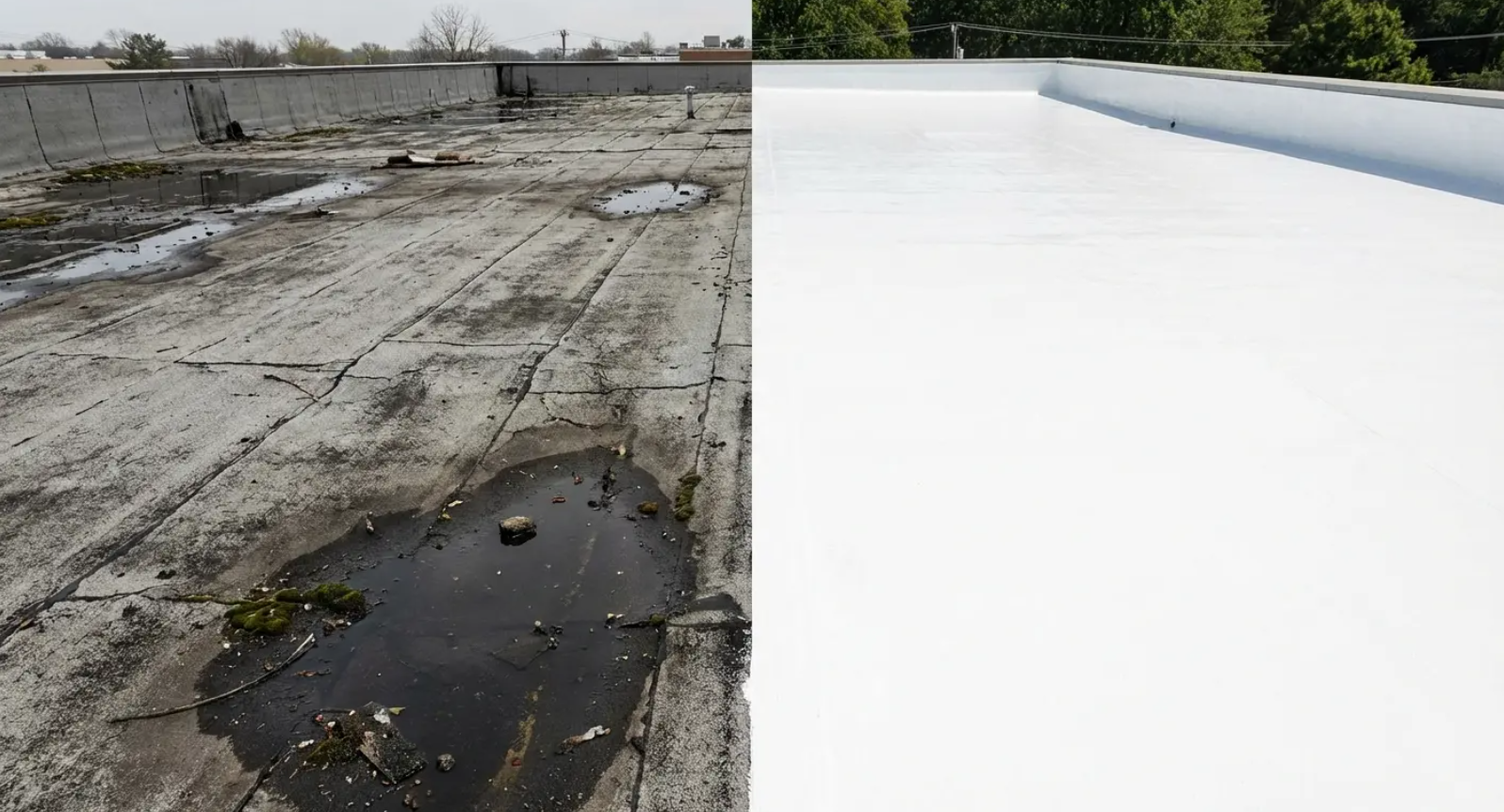 Comparison of a deteriorated and freshly coated flat roof, showing a dramatic difference in condition.