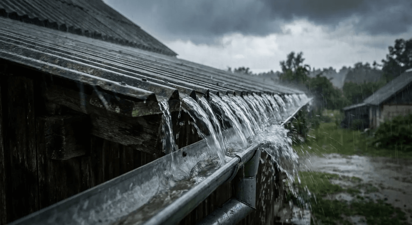 Water concentration on lean-to roof edge