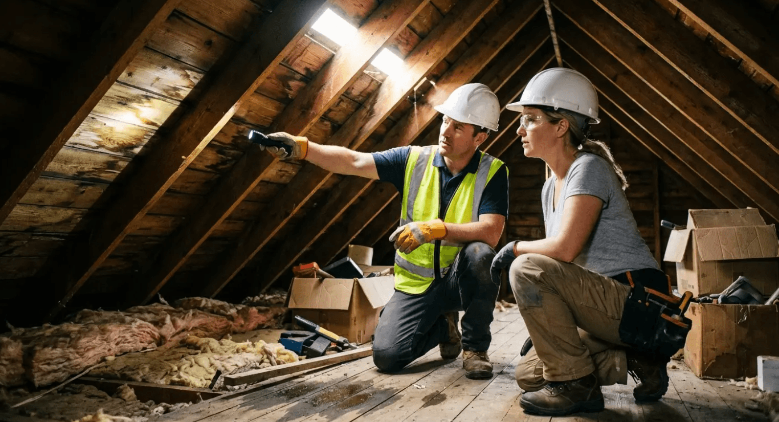 Contractor walking a homeowner through attic findings before committing to a replacement scope or price