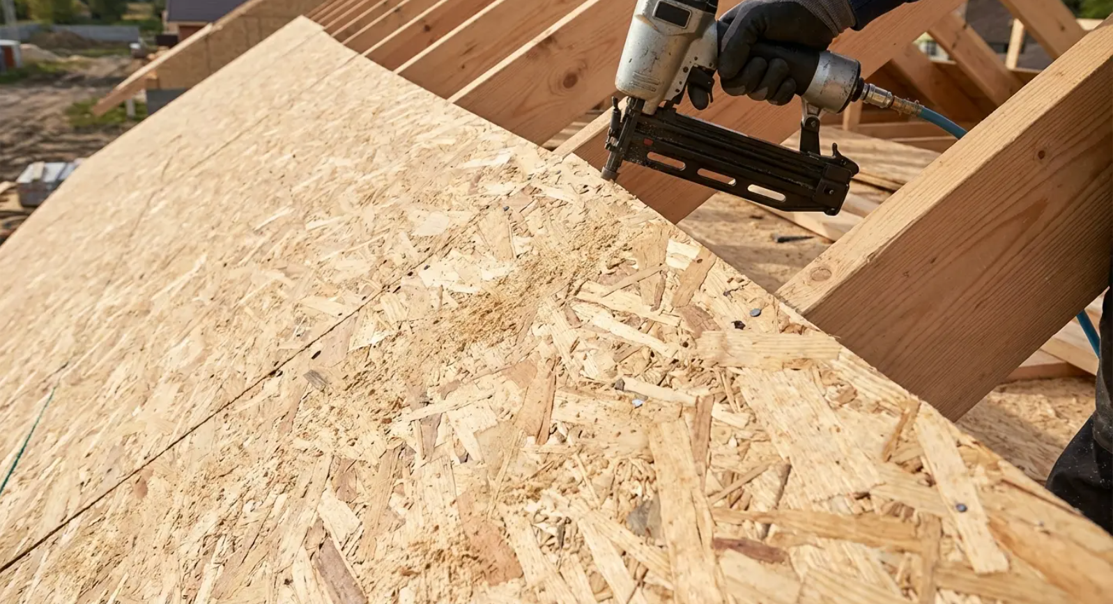 Our crew secures your roof decking with a nail gun to prepare a solid base for roofing shingles.