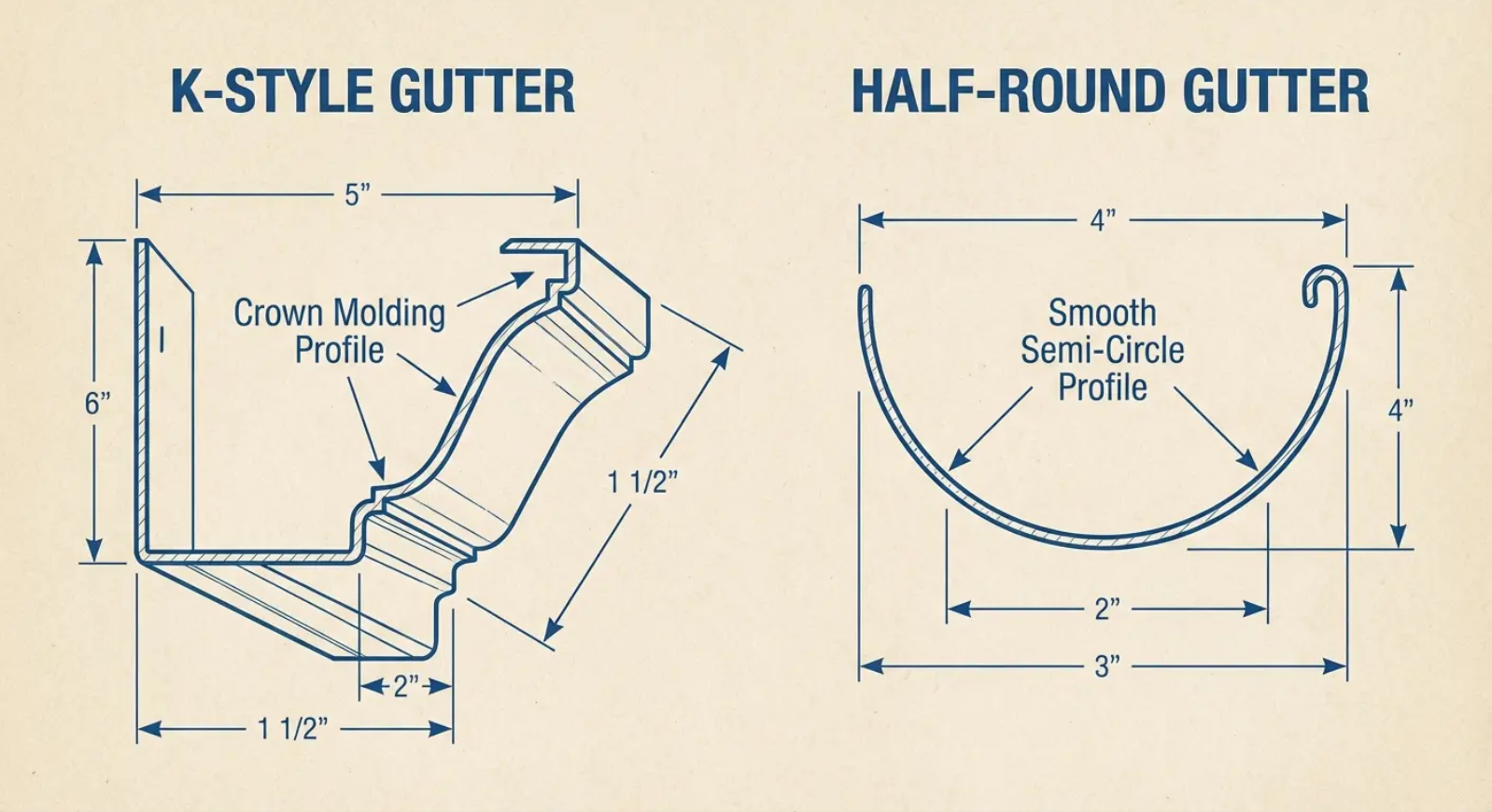 Diagram comparing K-style and half-round gutters with labeled dimensions and profiles.