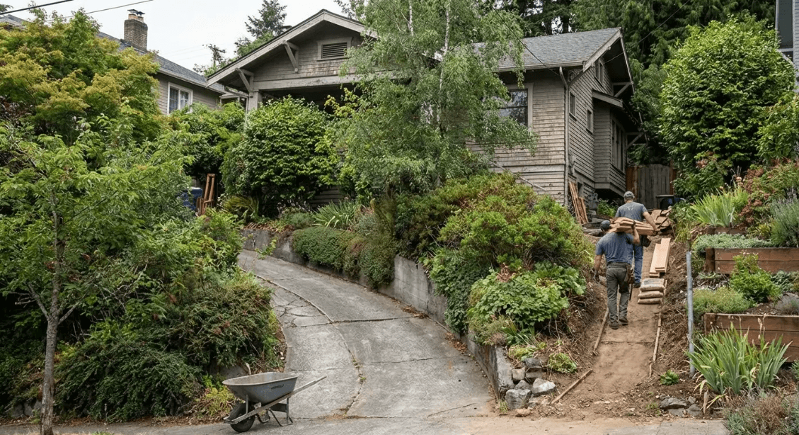 Difficult roof access requiring manual material support