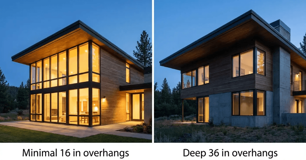 Comparison of modern homes with minimal and deep roof overhang ideas showing impact on light and maintenance