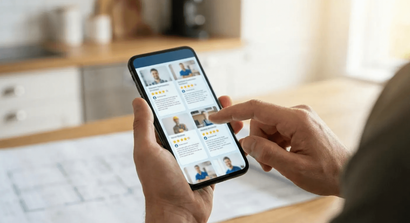 Homeowner scrolling through contractor reviews on a phone, researching which inspector is worth the roof inspection cost