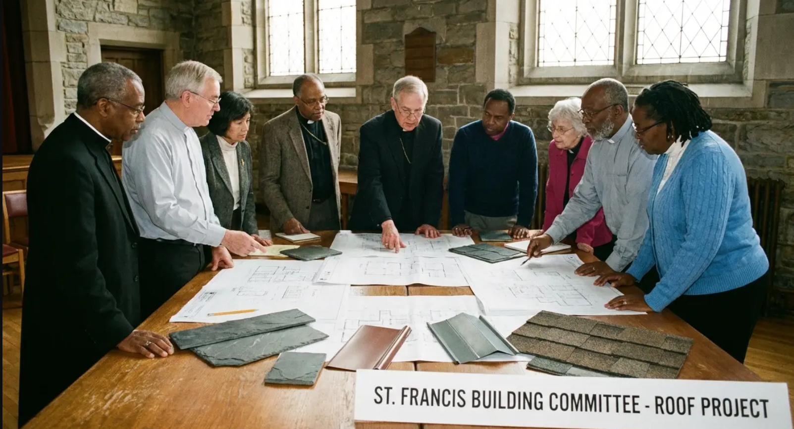 Group examining blueprints on a table; roof project. 