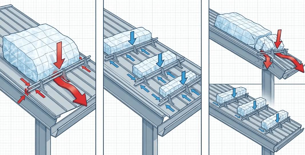 Snow guards system distributing snow across a metal roof to prevent sudden snow slides and reduce avalanche risk