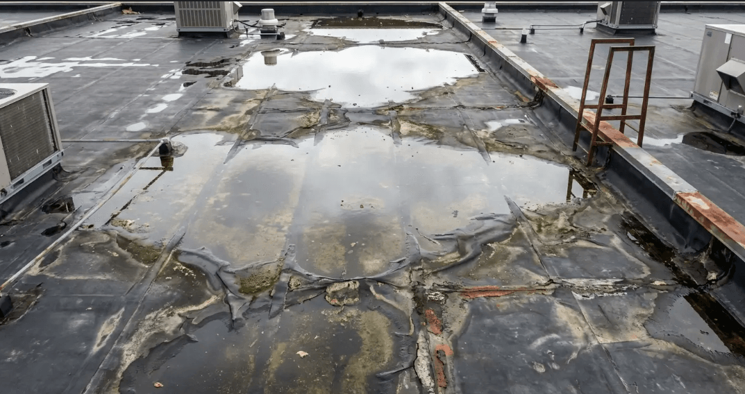 Severe ponding water and membrane failure on commercial flat roof increasing flat roof replacement cost