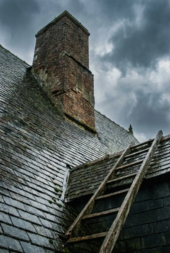 A weathered, slate roof with a brick chimney and an old wooden ladder against a cloudy sky.