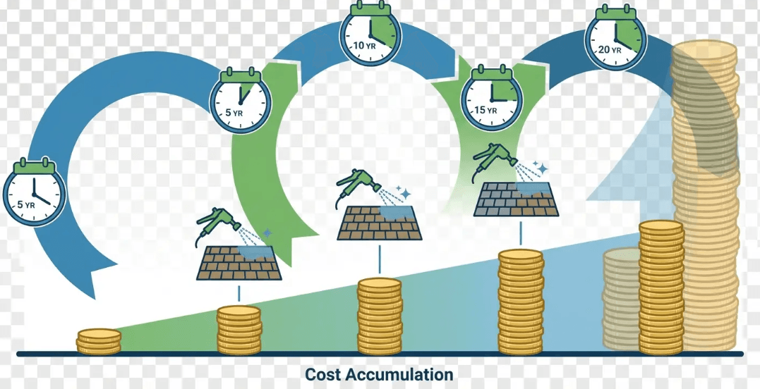 Roof maintenance cost accumulation over time comparing repeated treatments versus full replacement
